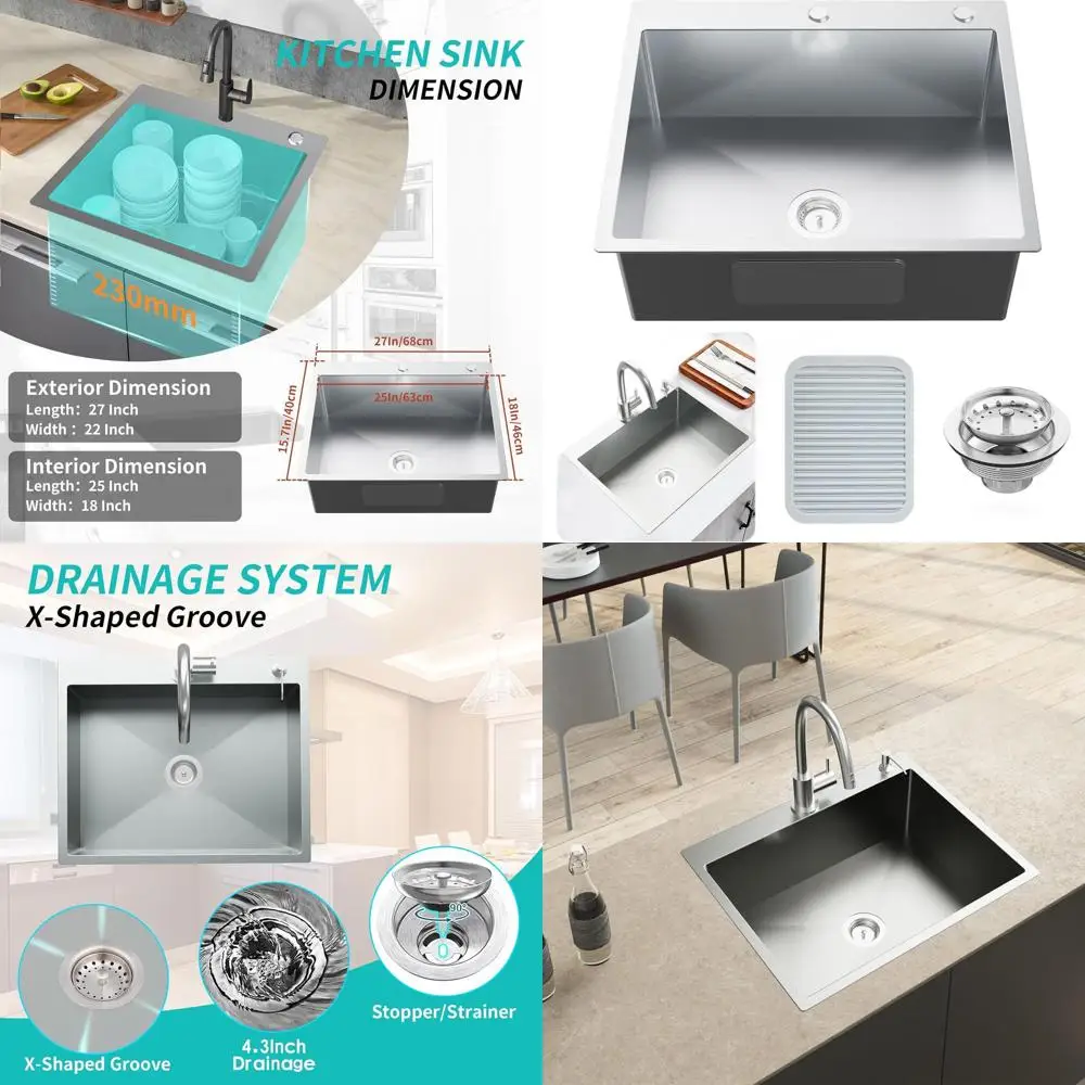 

Stainless Steel 27 x 22 Single Bowl Drop-In Kitchen Sink with Silicone Mat and Drain Assembly