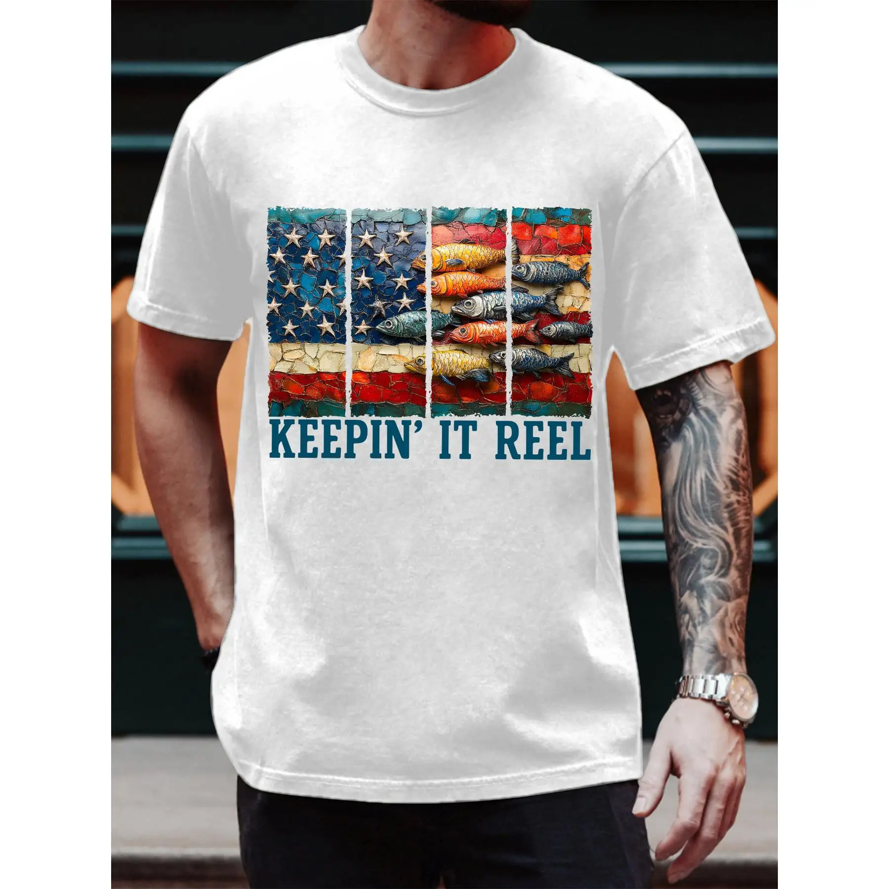 

Funny Fishing T-shirt Men's Keepin' It Reel Graphic Tee American Flag Print Summer Fisherman Gifts Streetwear Tops