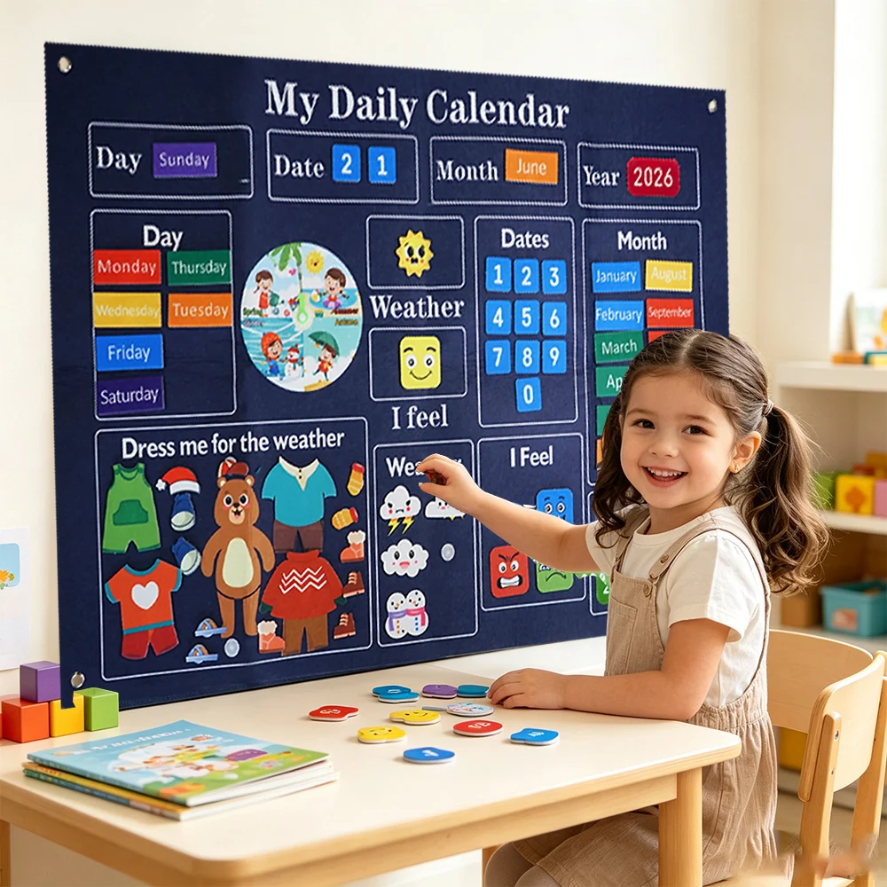 Children's Calendar Felt Board, Circle Time Center, Days of the Week Chart for Kids Learning, Wall-Mounted Felt Busy Board 64PCS