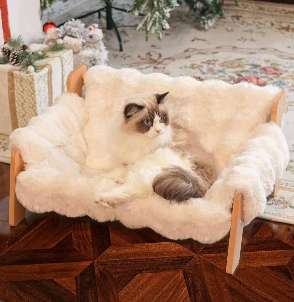 

Elevated Cat Couch Bed with Removable Washable Cover, Wooden Sofa for Indoor Cats and Small Dogs