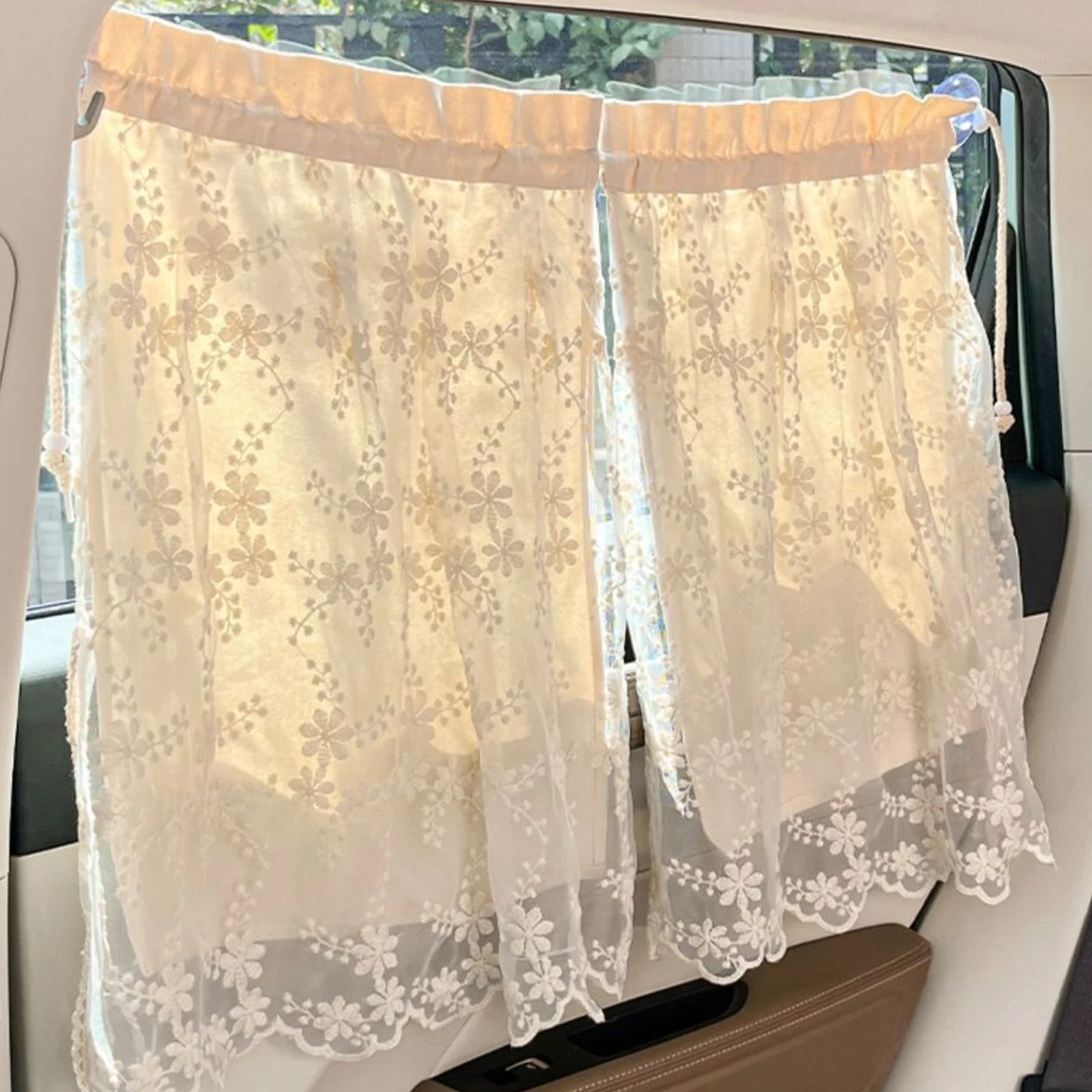 

Car Shade Curtain Hanging Suction Cup Lace Small Daisy Multi-functional Sunscreen Heat Insulation Car Double Shade Curtain