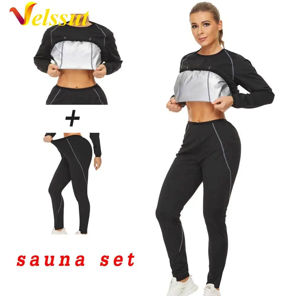 

Комплект для сауны Velssut, Женская куртка для похудения, костюм для пота, шейпер для тела, рубашка, леггинсы, триммер, штаны, тренировочные костюмы для талии