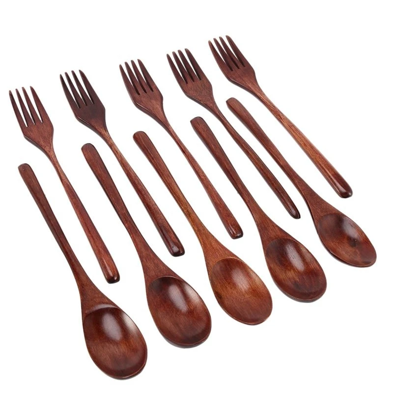 A67M-100 Pcs Wooden Spoons Forks Set Wooden Utensil Set Reusable Natural Wood Flatware Set For Cooking Stirring Eating