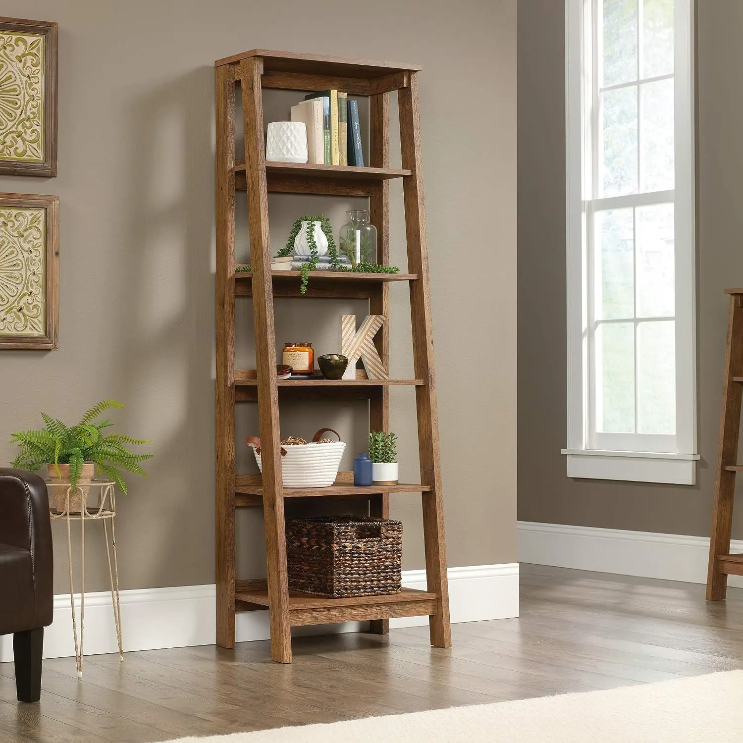Vintage Oak Finish Trestle Five Shelf Bookcase Book Shelf