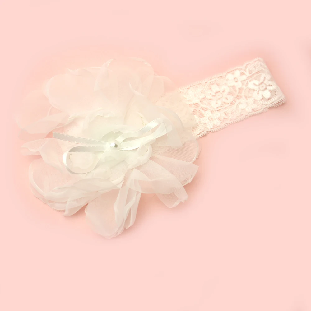 Large Chiffon Flower Headband Baby Girls Party Headdress Newborn White Mesh Flower Pearl Baby Hairflower Infant Wedding Headwear