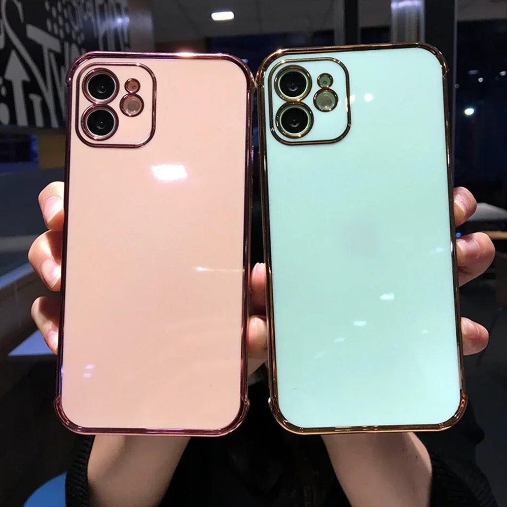 Luxury Glossy Gold Plating Silicon Case For iPhone 16 15 14 13 11 Pro Max XS X XR 15 Soft Pure White Color Cover For iPhone 16