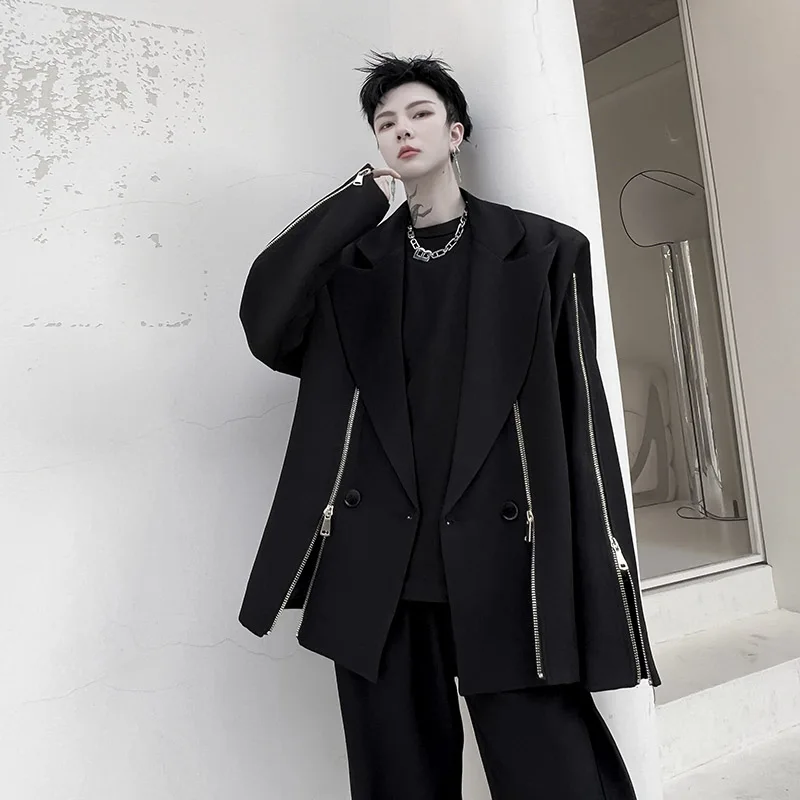 Men Zipper Decorative Net Celebrity Streetwear Fashion Show Loose Casual Suit Coat Blazers Male Women Hip Hop Jacket Outerwear