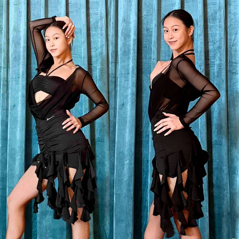 Adults Rumba Samba Chacha Latin Dance Costume Women Sexy Cutout Latin Top Ruffled Skirt Female Latin Dancing Clothes SL11730