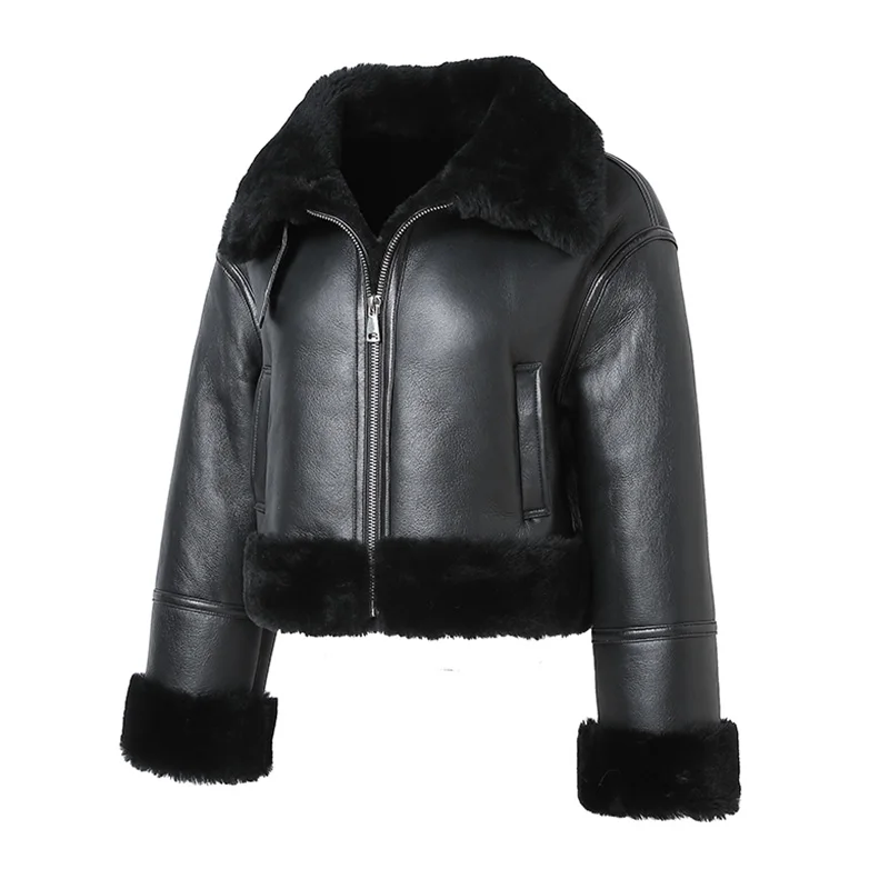 Leather Jackets 2022 Winter Lady Shearing Real Sheepskin Short Coats Windproof Solid Warm Wool Fur Lining Moto Overcoats MH5174L