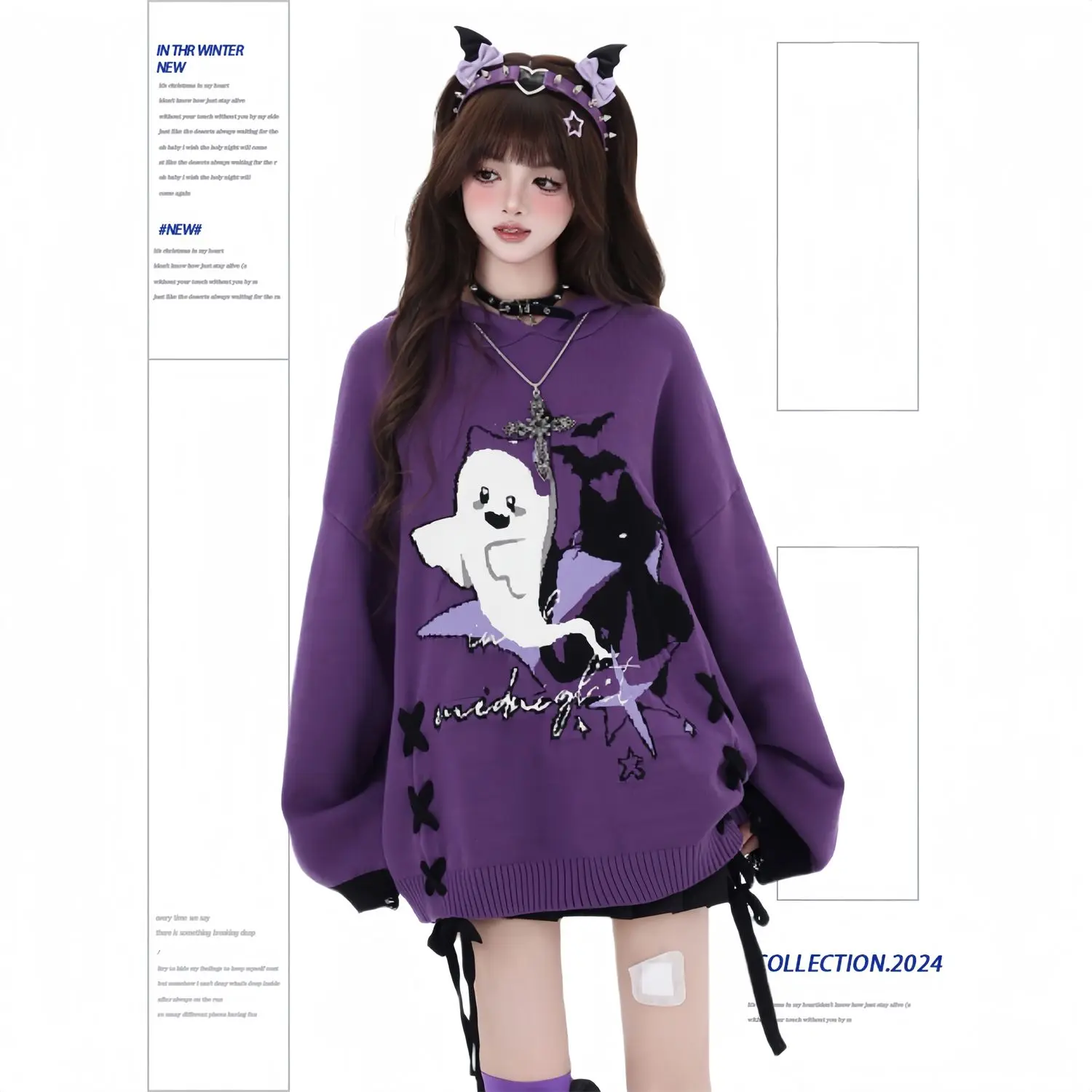 ​ ​ Maglione Phantom Alt da donna allacciato con spalle scoperte oversize nero viola color block gotico peluche invernale lavorato a maglia caldo stile Alt ​ ​