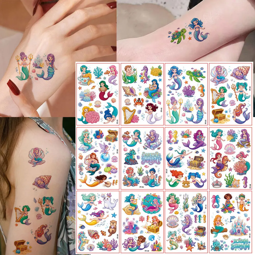 12pcs Mermaid Temporary Tattoos Seahorse Starfish Ocean Hand Tattoo Waterproof Fake Tattoo Sticker Body Decor