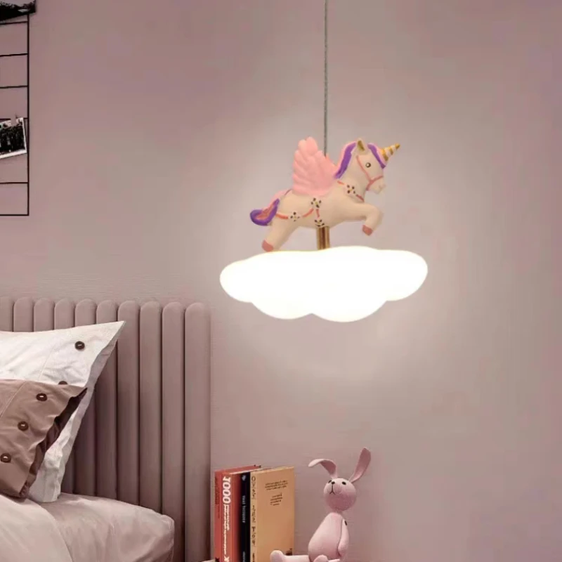 Cute Children\'s Room Colored Pegasus Chandeliers Cloud Lamps LED Warm Romantic Princess Room Girl Bedroom Bedside Chandelier