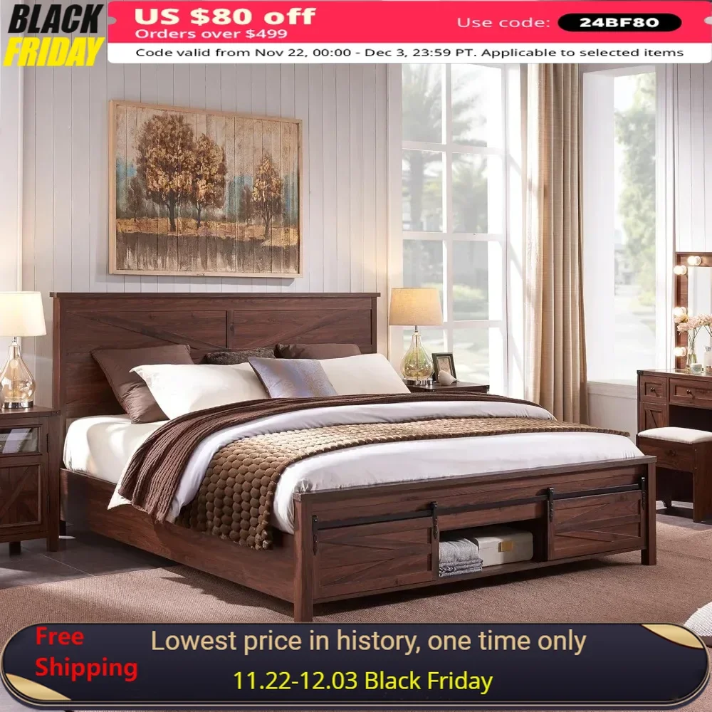 Queen Bed Frame with Sliding Barn Door Storage Cabinets & Headboard，Solid Wood Slats Support No Box Spring Needed，Wood Bed Frame