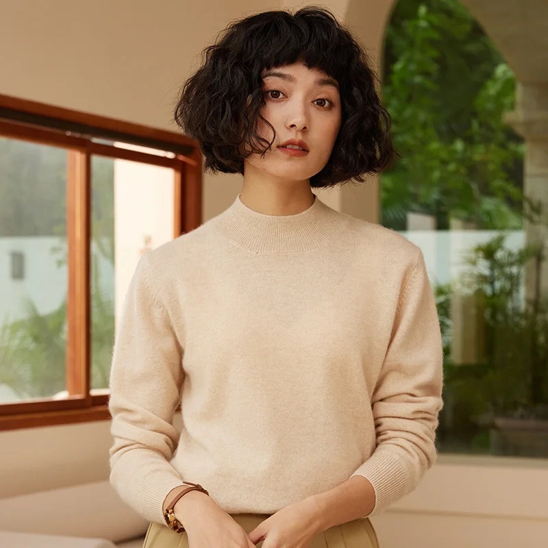 2025 Autunno/Inverno Nuovo Maglione da Donna 100% Cashmere Mezza Collo Alto Felpa con Cappuccio Lavorato a Maglia Tinta Unita Casual Top da Donna