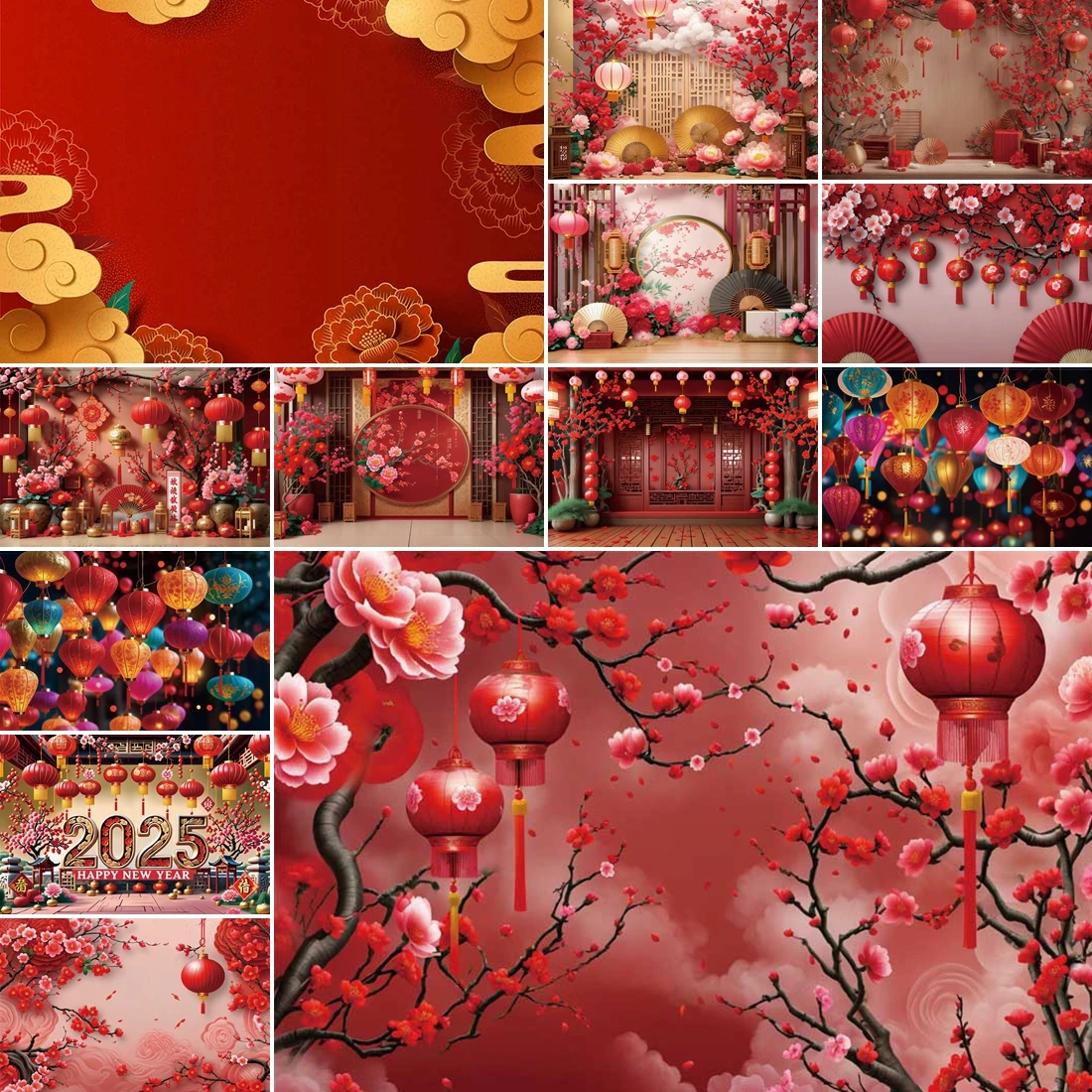 

MOON.QG Red Chinese New Year Custom Backdrop Trees Folding Fans Photography Background Props Photobooth Party Festival Photozone