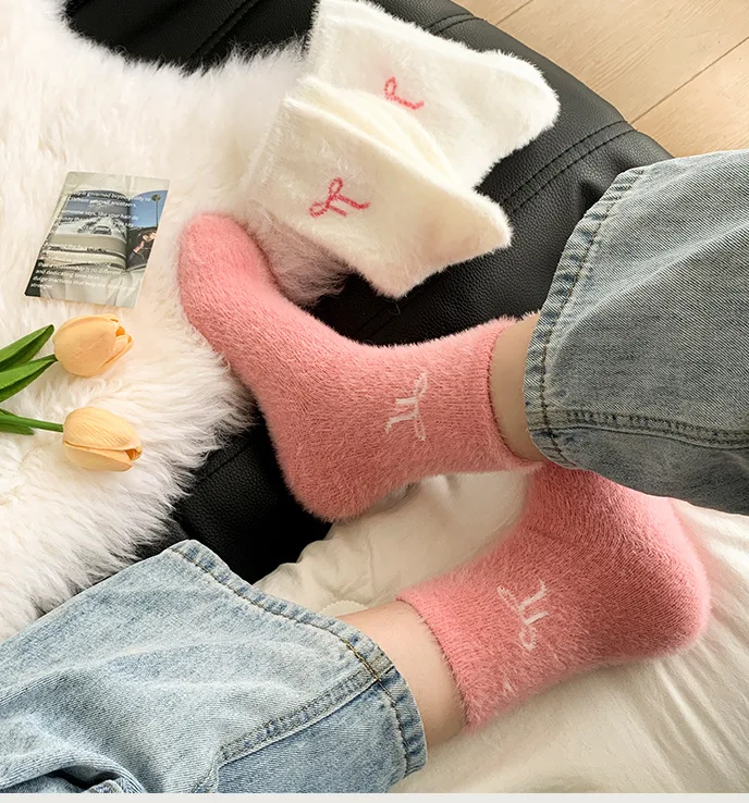 5 pares bonito arco meias de inverno feminino vison veludo pelúcia engrossado meados de bezerro quente meias de sono para tempo frio