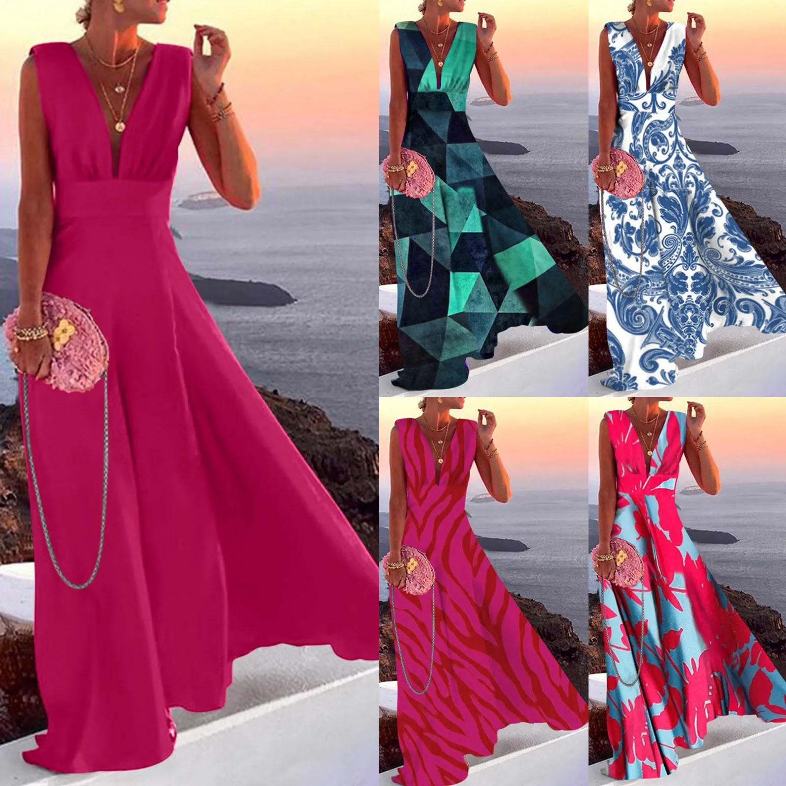 

Women Deep V Holiday Dress Summer Casual Boho Print Beach Sleeveless Long Dress Elegant Female Tank Top Party Maxi vestidos 2022