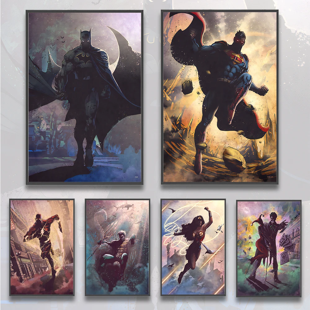 Batman Classic Heroes Self-adhesive Poster Movie Figures Home Decoration Painting Wall Art Bedroom Cartoons Superman Wallpaper