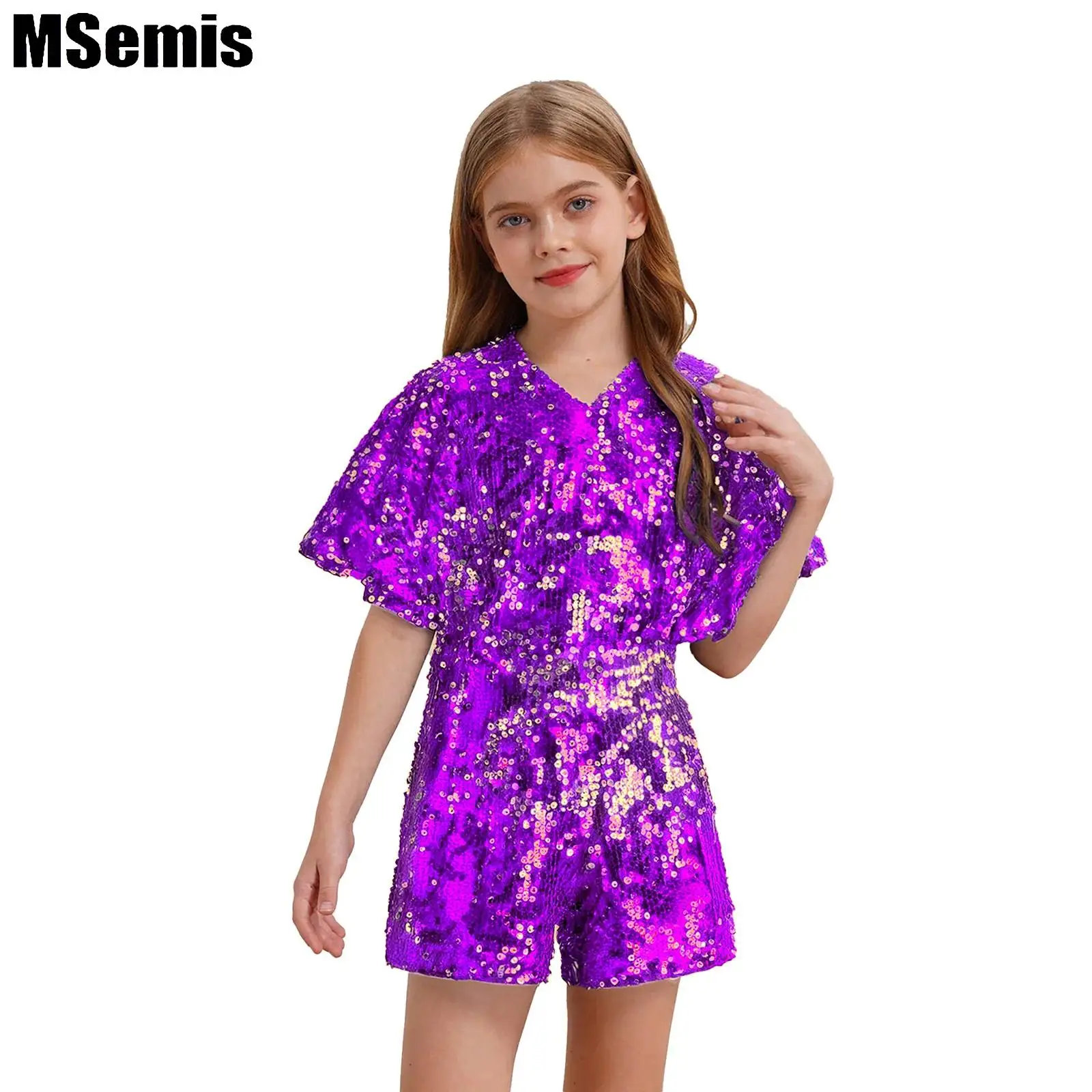 

Kids Girls Sequins Jumpsuit Sparkling Sequins V-Neck Cap Sleeve Bodysuit Birthday Stage Performance Party Costume