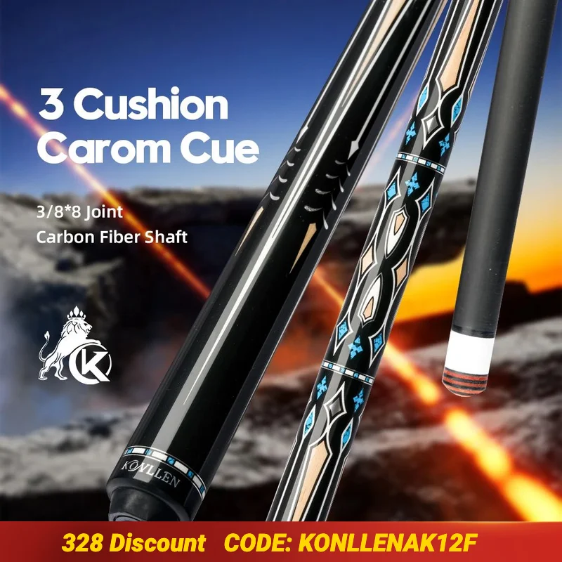 KONLLEN 3 Cushion Carom Cue Stick with Carbon Fiber shaft 3*8/8 Joint Pin 142cm for Inlay Libre Carom Cue