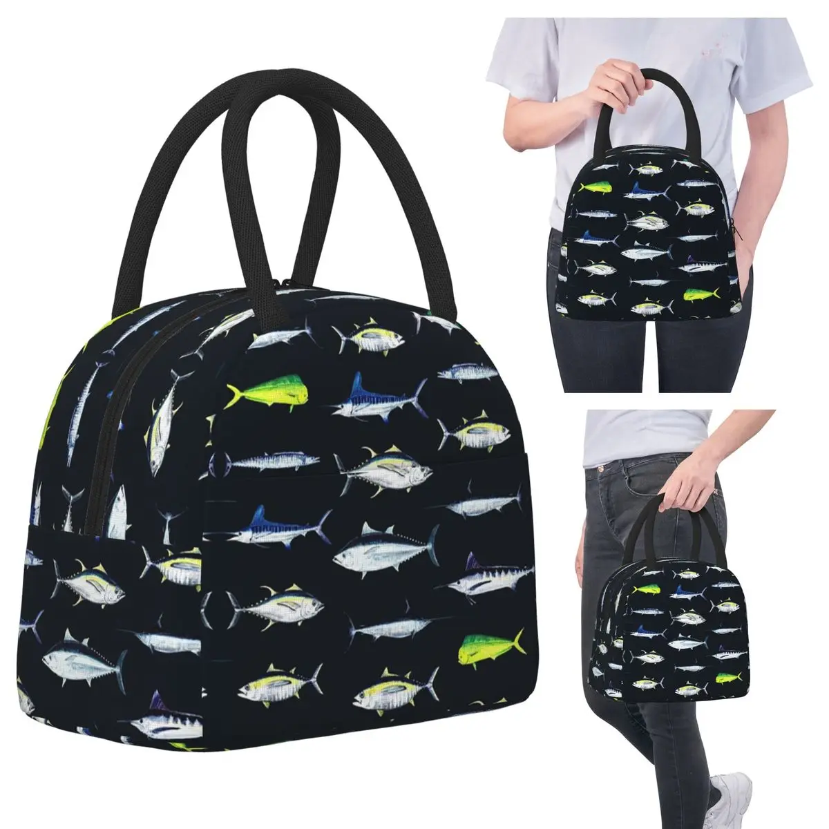

SPORTFISH Pattern Dark Navy Blue BlackYellowfin Tuna Insulated Lunch Bag for Kid School Cooler Thermal Food Box Tote Lunch Boxes