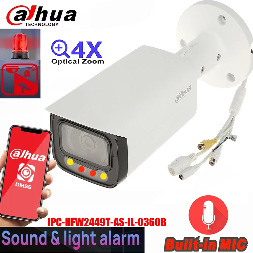 Dahua mutil language PC-HFW2849T-ZAS-IL 8MP 4K Color WizSense Network IP Camera POE with Sound Light Alarm with 5x zoom