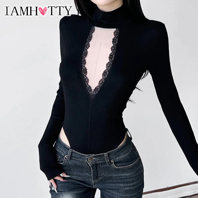 

IAMHOTTY Lace Patchwork Deep V-neck Bodysuits Women Korean Style Slim-fitting Turtleneck Bodysuits Chic Elegant Long Sleeve Tops