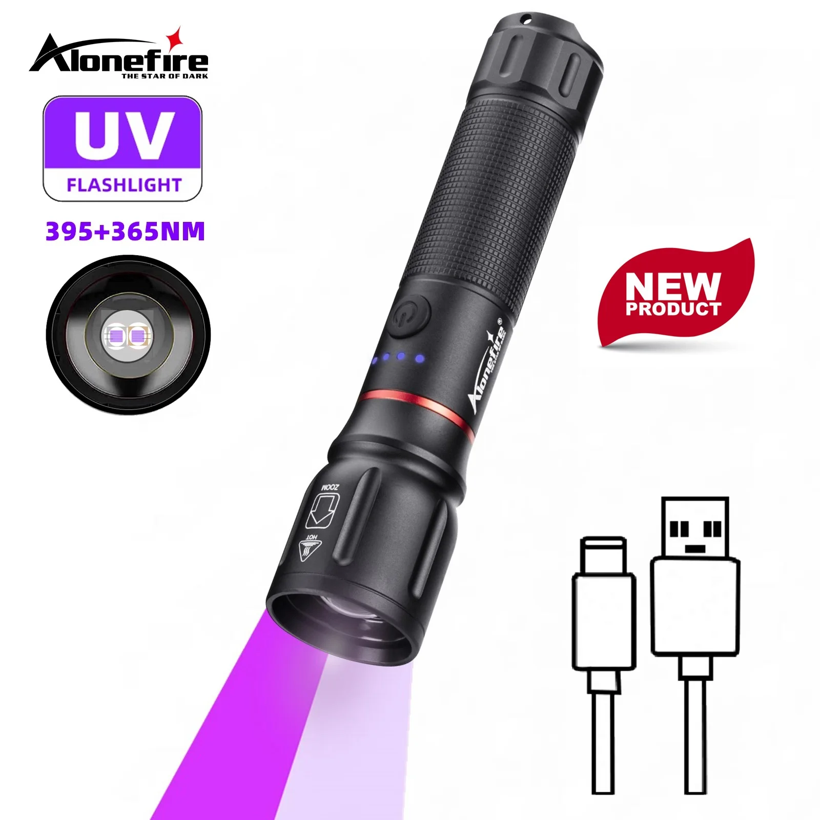 Zoom 2-in-1 UV 365nm+395nm LED-Taschenlampe Wiederaufladbare Leuchte zur Erkennung von Tierflecken, Tinea, Geld, Porzellan, Erz, Jade und Skorpionen