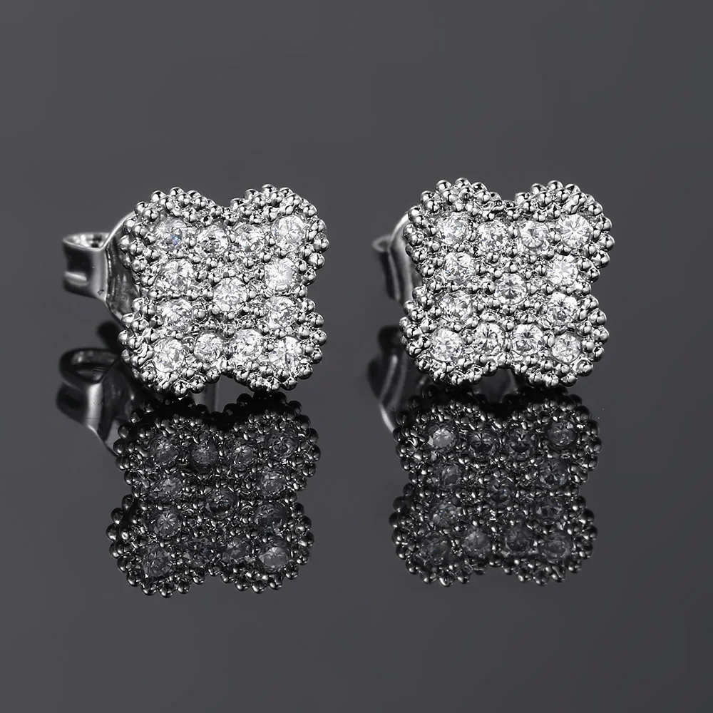 Lucky Clover Petal Earrings For Women Men hip-hop Iced Out Zirconia Blingbling Silver Color Stud Earings Trendy Jewelry KBE003-1