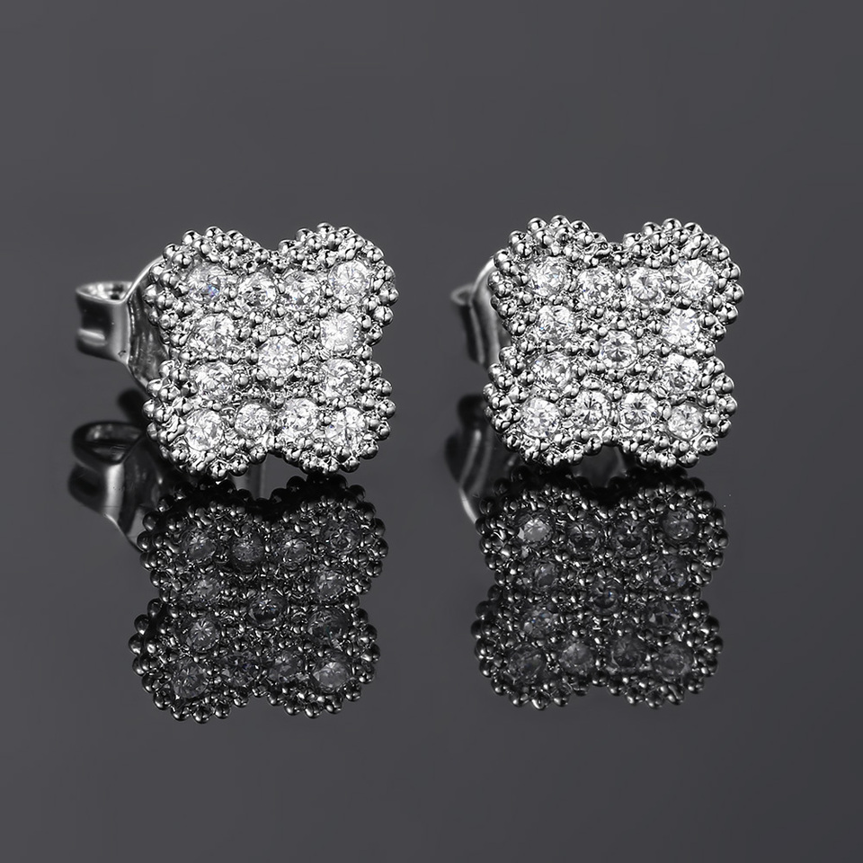  Lucky Clover Petal Earrings For Women Men hip-hop Iced Out Zirconia Blingbling Silver Color Stud Earings Trendy Jewelry KBE003-1 