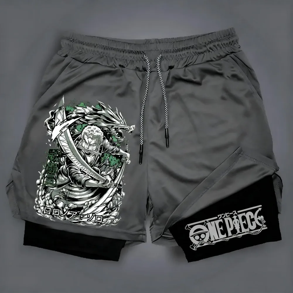 2025 جديد قطعة واحدة أنيمي لوفي وزورو تحت عنوان مطبوعة مزدوجة الطبقات السراويل ، الصيف الأمريكية الرجال الرياضة السراويل فضفاضة