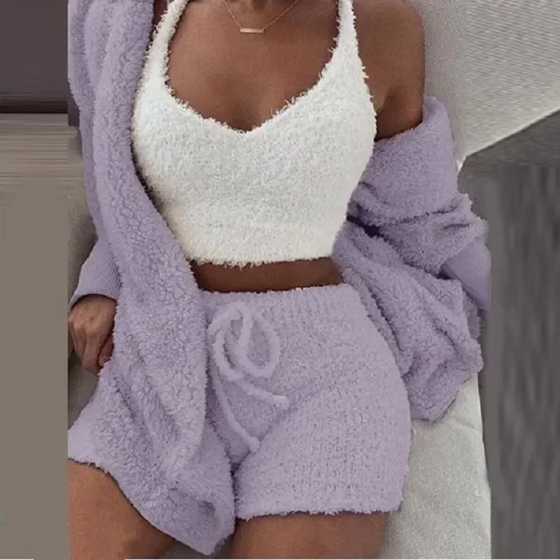 

And Leisure Pieces Set Casual Shorts Fluffy Size Homsuit Women 3 Hoodie Tank For Pajamas Sleepwear Winter Plus Top Pijamas Teddy