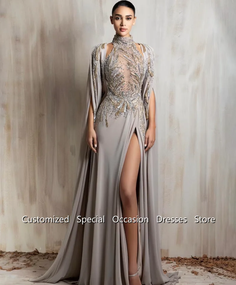 Generous A Line Split Evening Gown Capped Sleeves Sequined Charming Formal Wedding Party Dresses Girl Prom Dress Customized