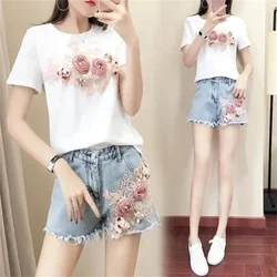 2023 Summer Short Jeans Suit Women's Three-dimensional Embroidery Jeans+Short Sleeve t Top Denim Short Pants Two-Piece Set 3XL
