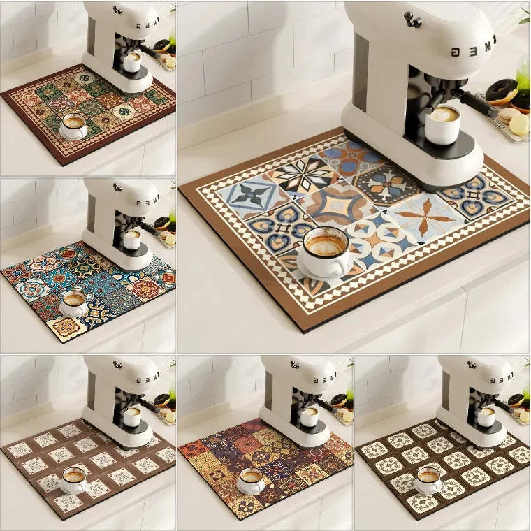 Estera para cafetera, esteras Retro para secado de platos para cocina, almohadilla de drenaje antideslizante, mantel individual de secado rápido, vajilla lavable