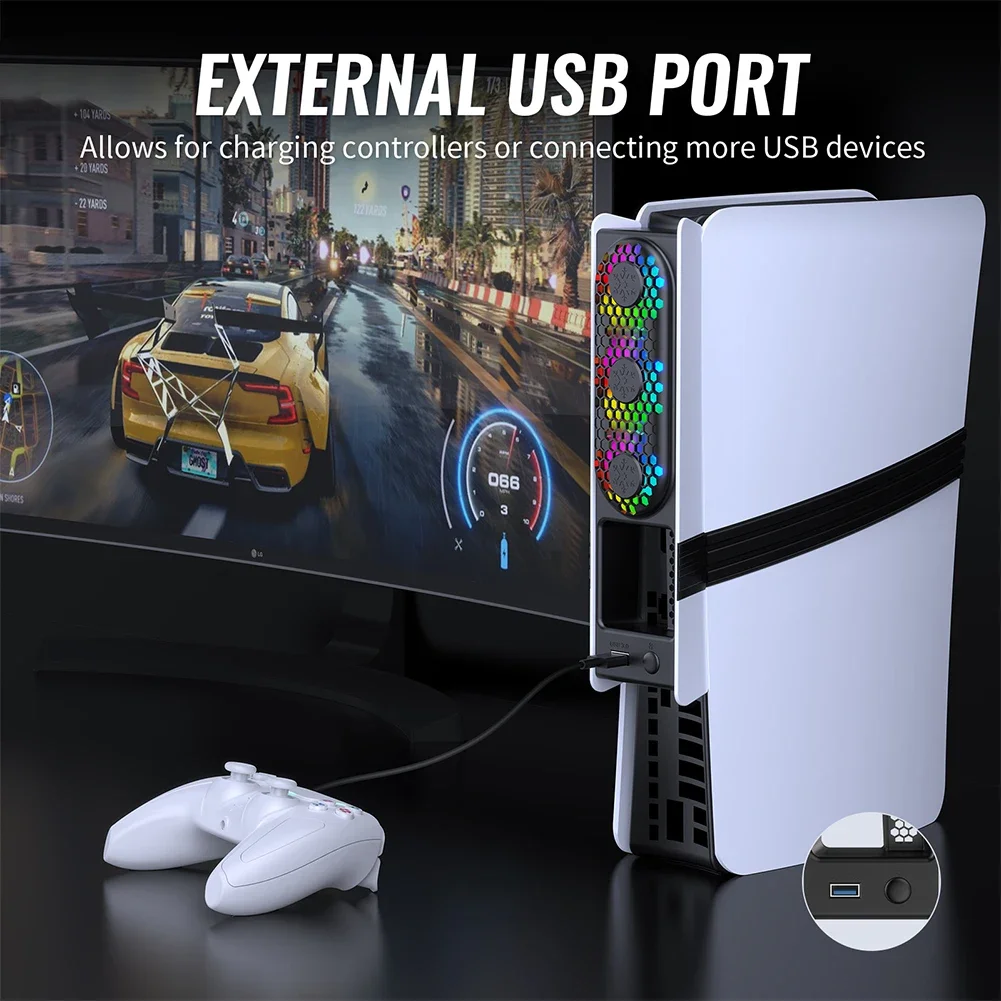 พัดลมระบายความร้อนสำหรับ PS5 Pro/บางพัดลมระบายความร้อน 3 ความเร็วแบบปรับได้พร้อมไฟ LED และพอร์ต USB3.0 พัดลมระบายความร้อนที่ได้รับการปรับปรุงสำหรับแผ่นดิสก์และดิจิตอล