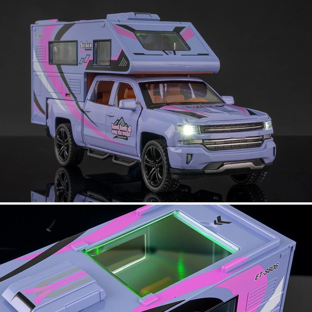 1:32 Camping coche viaje RV aleación Diecast Metal modelo sonido luz tirar hacia atrás juguete decoración del hogar regalos para niños