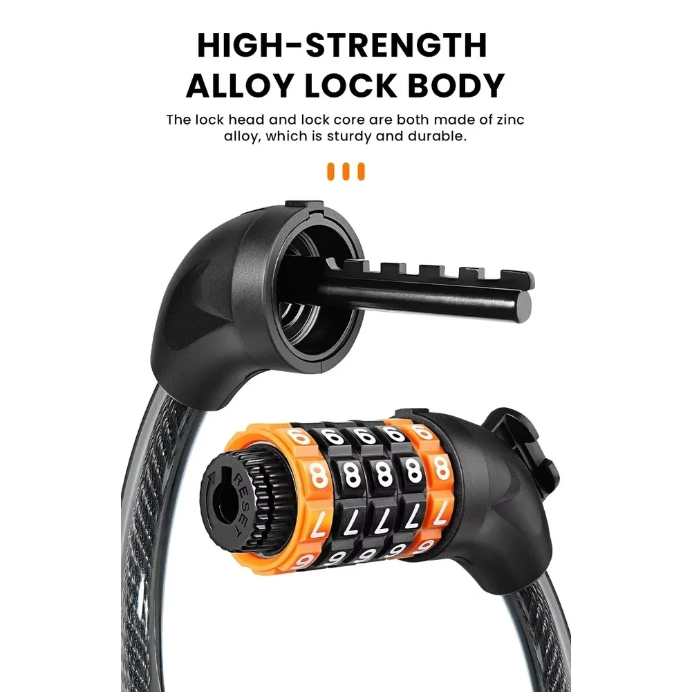 Steel Cable Bike Lock with 5-Digit Password System and Rack Mount for Bikes for scooters and E- for scooters Anti-Theft
