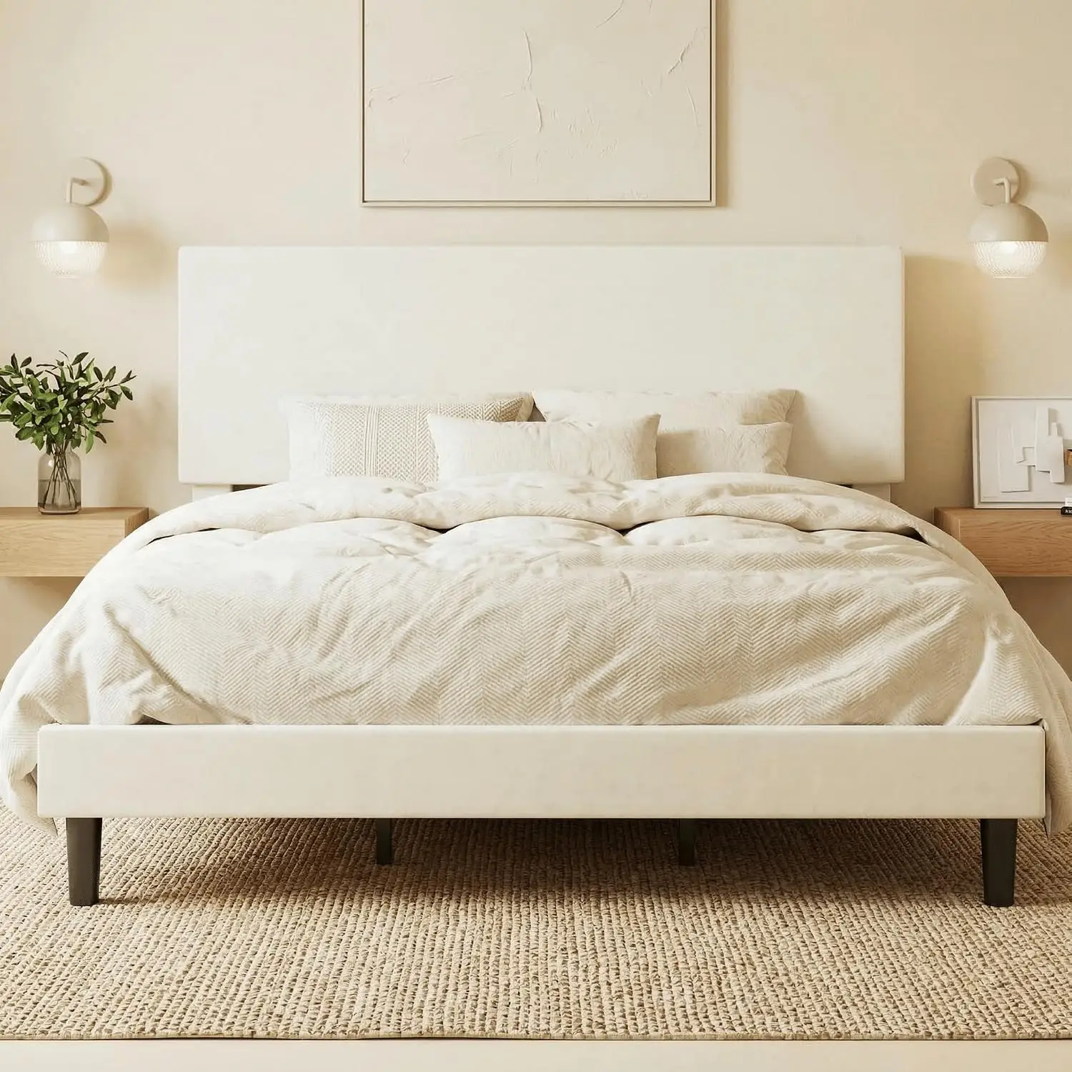 Velvet Upholstered King Size Bed Frame, Cream