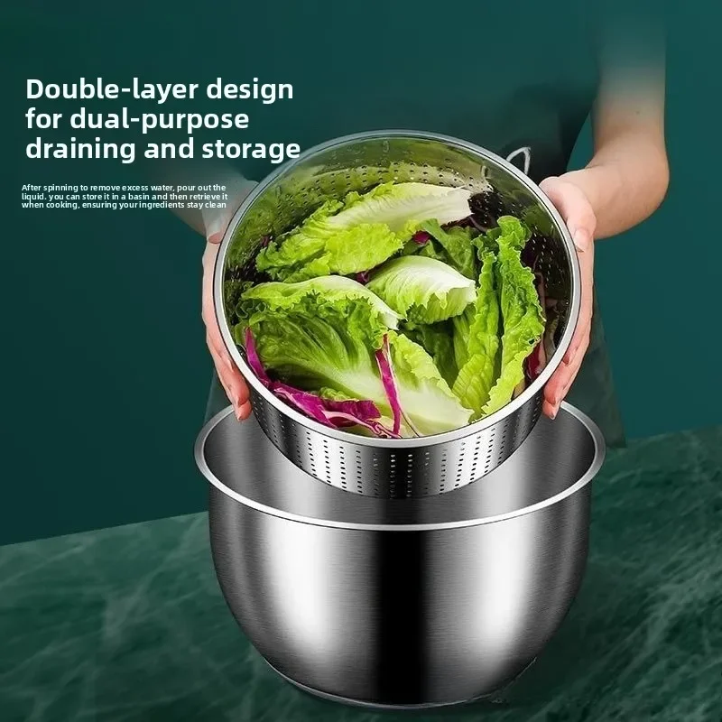 Stainless Steel Salad Spinner, Manual Vegetable Dryer, Household Fruit Washing Draining Basket, Vegetable Dehydrator for Kitchen