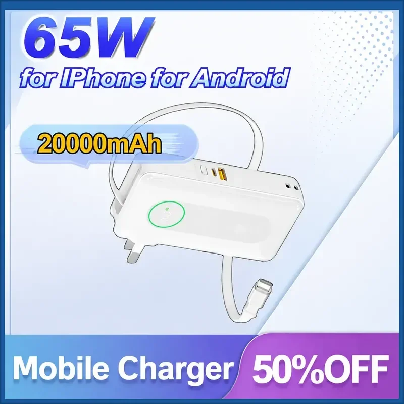 65W 20000mAh for IPhone for Android Phone PowerBank with Retractable Type-C Cable Power Bank with Built in Plug
