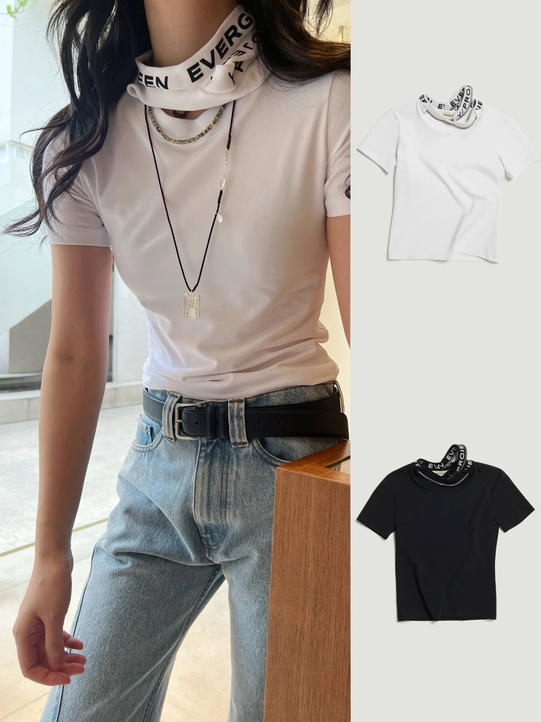 

YProject Elastic Cotton Slim Fit T-irt ort Sve Tee Collar Logo Weave Band mid Length round Ne Women's Premium T-irt