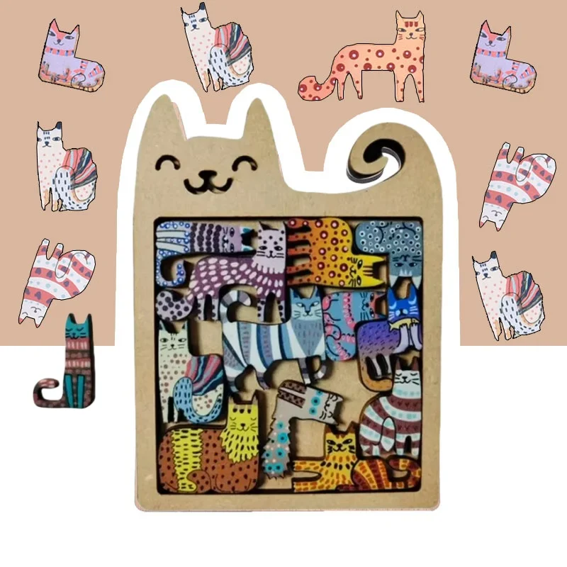 1PCS Wooden Cat Shape Puzzles Mini Irregular Animal Cat Pieces Table Games Montessori Kids Creative Educational Toy