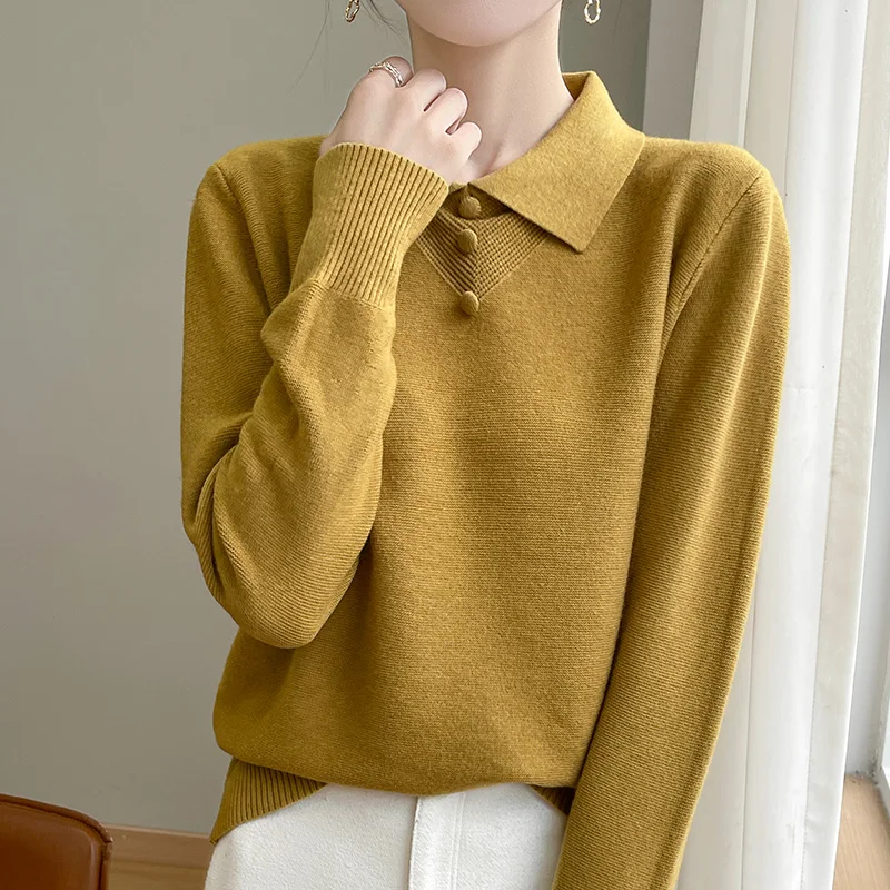 Fall/Winter 2024 New Women\'s POLO Neck Long Sleeve Korean version of 100% Pure Wool Simple Leisure Knitted Cashmere Sweater