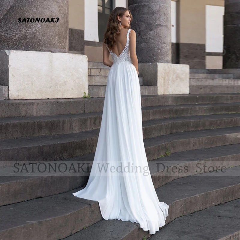 Robe de mariée en mousseline de soie à col en V pour femmes, bretelles spaghetti élégantes Boho, ligne A, train de balayage, robe de mariée, robe éducative personnalisée