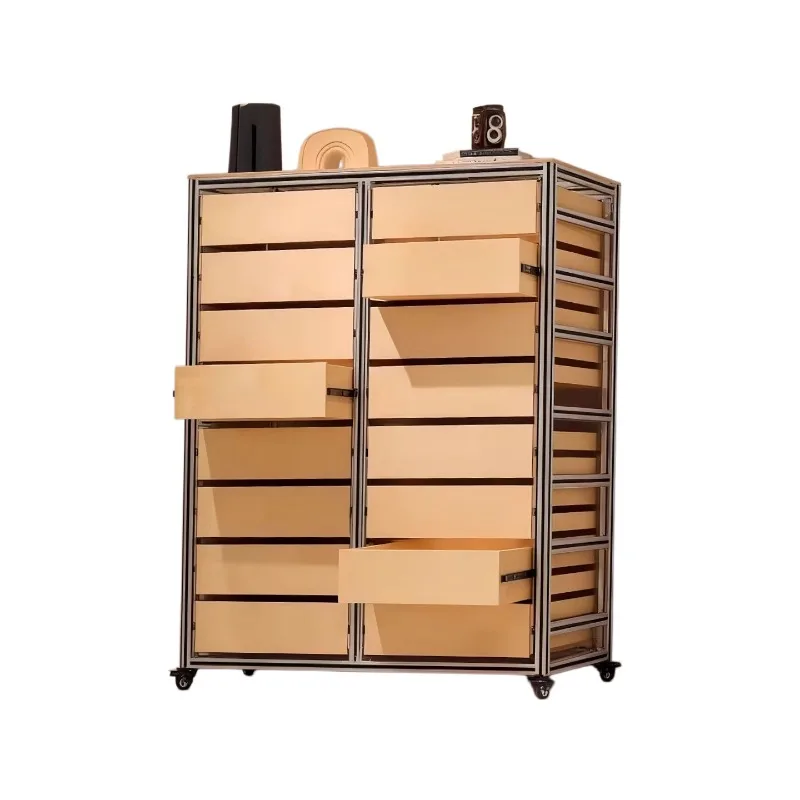 Modern simple ocean panel solid wood multi-drawer storage cabinet, household storage aluminum profile display rack mobile