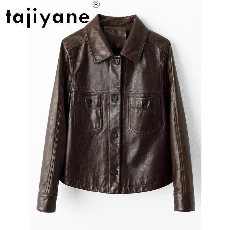 TAJIYANE Top Layer Oil Wax Sheepskin Short Leather Coat Spring Genuine Leather Jacket Women Outerwear Thin Jackets Chic Jaqueta