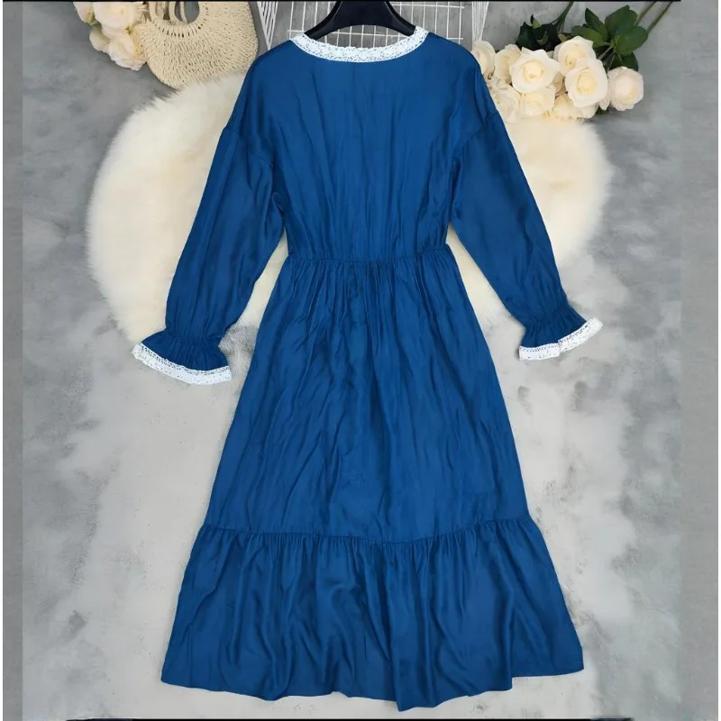 Abito da donna retrò Primavera Estate Autunno 2025 Nuova gonna lunga V-Nek a vita alta Elegante tinta unita Abiti vintage a maniche lunghe