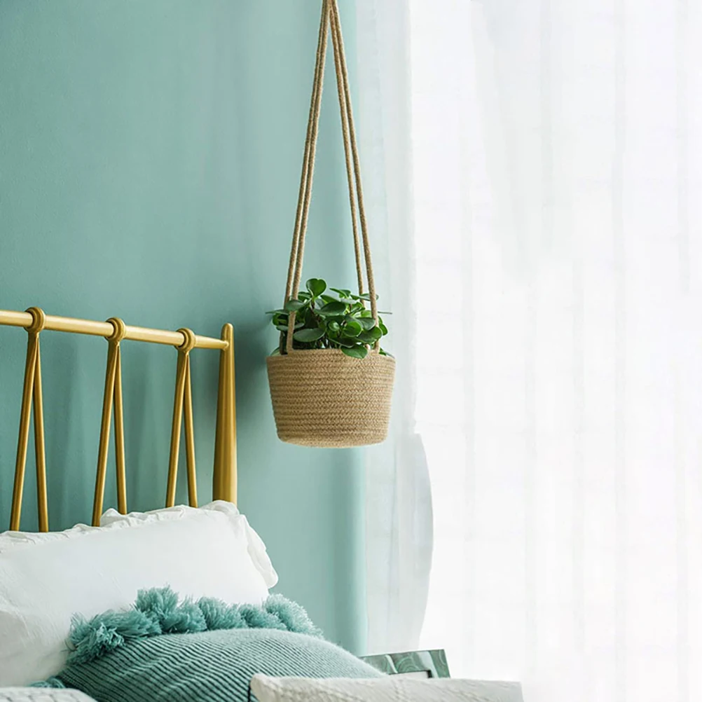 

Woven Hanging Basket Flower Pot Plants Planter Indoor Foldable Storage Linen Rope Durable Long Term Use Plant Container