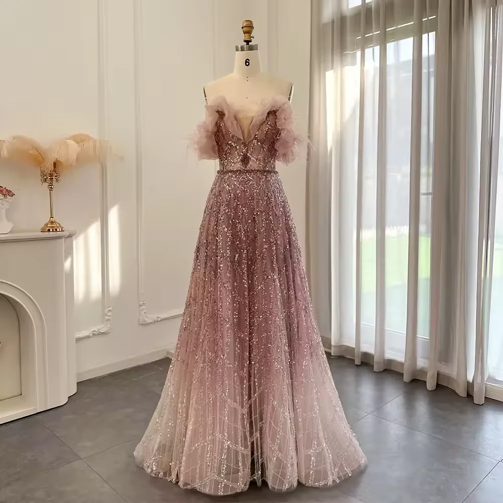 Customized 2026 Newly Luxury Evening Dress Prom Gown for Women Beaded Sequin Off-the-Shoulder Feather Dubai Wedding Dance Party